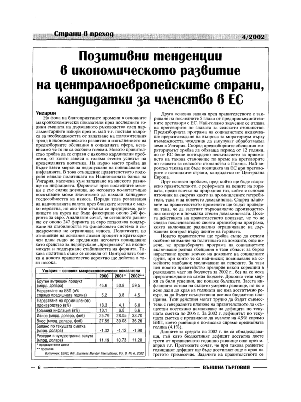 Позитивни тенденции в икономическото развитие на централноевропейските страни, кандидатки за членство в ЕС