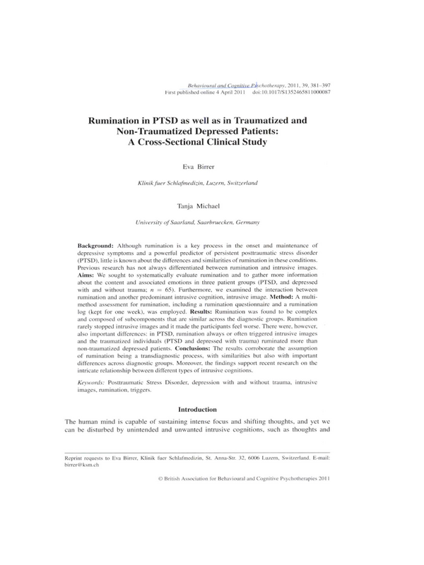 Rumination in PTSD as well as in Traumatized and Non-Traumatized Depressed Patients