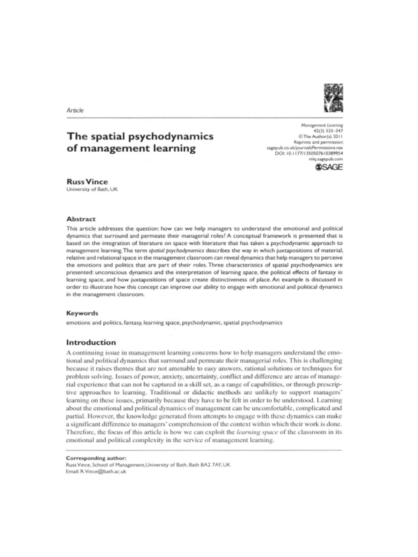 The Spatial Psychodynamics of Management Learning