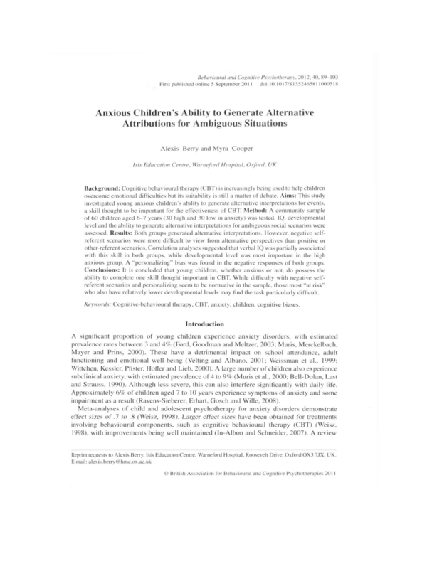 Anxious Children's Ability to Generate Alternative Attributions for Ambiguous Situations