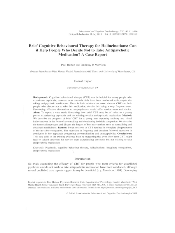 Brief Cognitive Behaivioural Therapy for Hallucinations