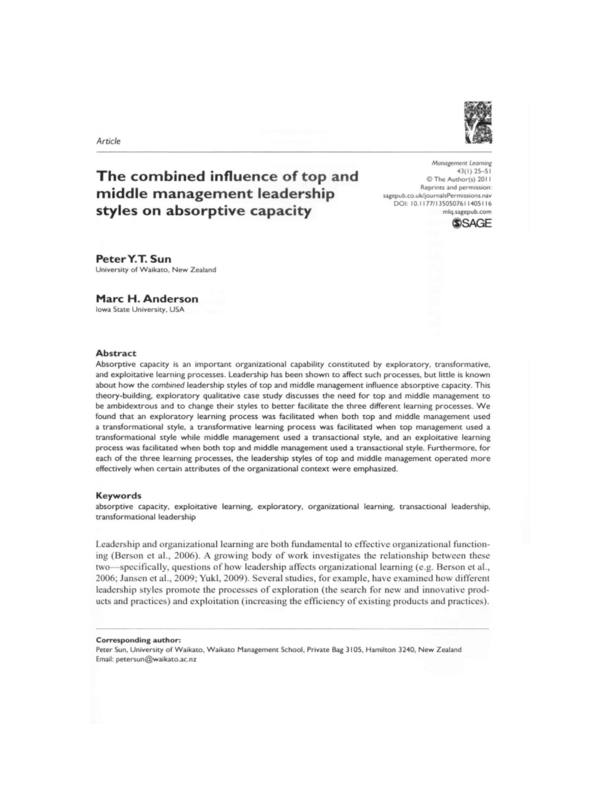 The combined influence of top and middle management leadership styles on absorptive capacity