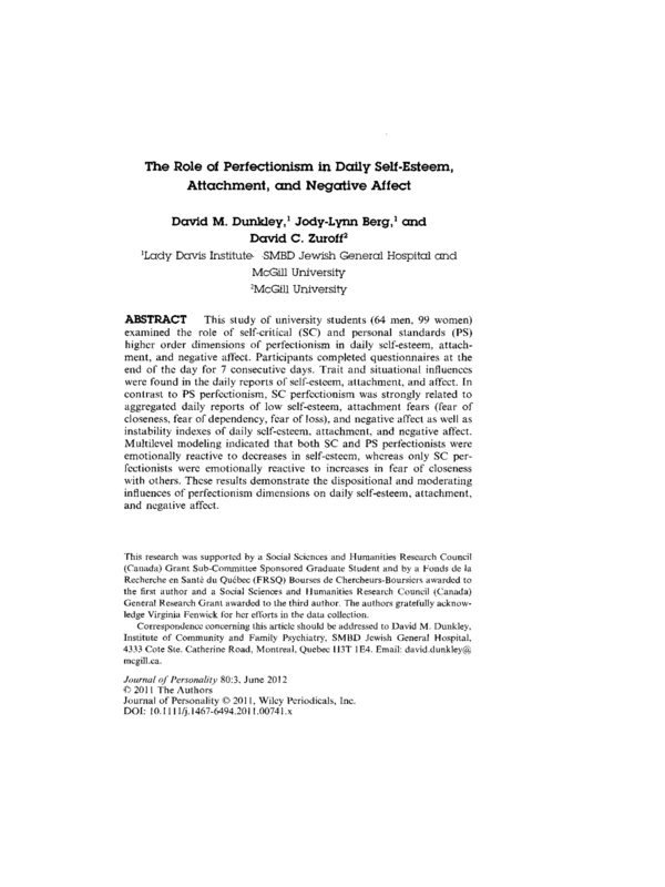 The Role of Perfectionism in Daily Self-Esteem, Attachment, and Negative Affect