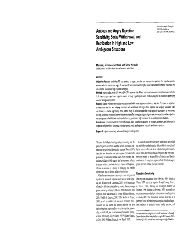 Anxious and Angry Rejection Sensitivity, Social Withdrawal, and Retribution in High and Low Ambigous Situations