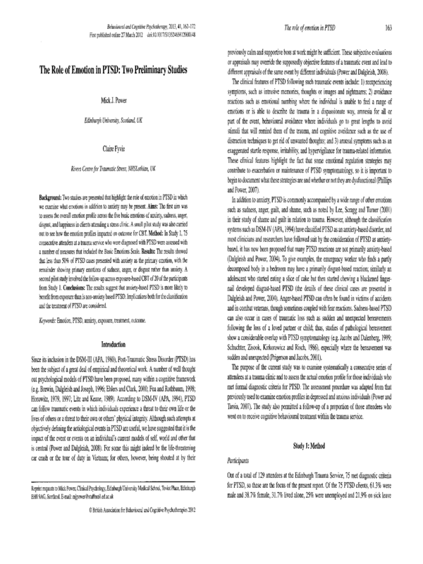 The Role of Emotion in PTSD: Two Preliminary Studies