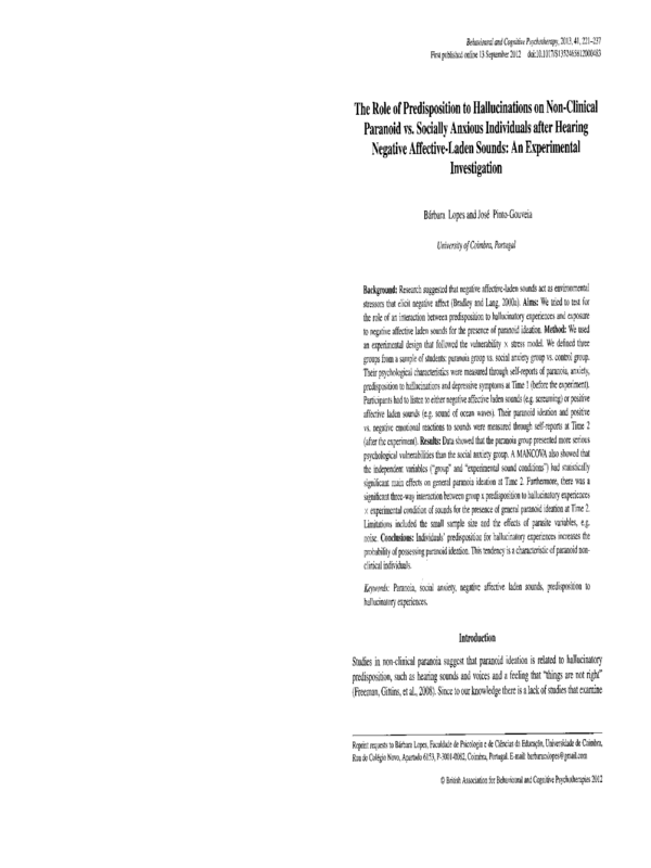 The Role of Predisposition to Hallucinations on Non-Clinical Paranoid vs. Socially Anxious Individuals after Hearing Negative Affective-Laden Sounds