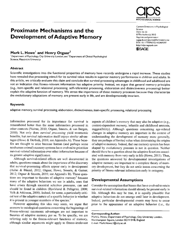 Proximate Mechanisms and the Development of Adaptive Memory