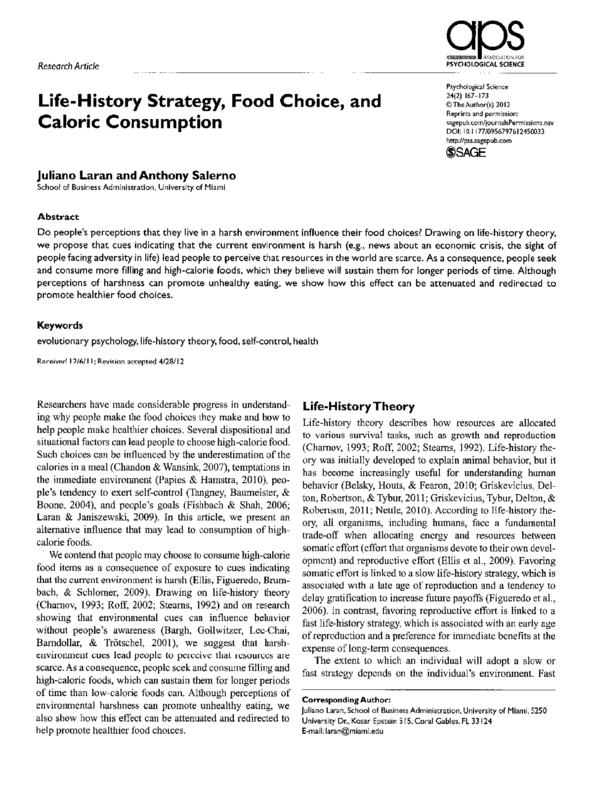 Life-History Strategy, Food Choice, and Caloric Consumption