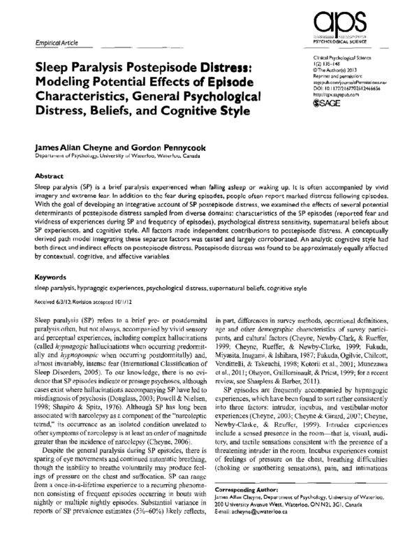 Sleep Paralysis Postepisode Distress: Modeling Potential Effects of Episode Characteristics, General Psychological Distress, Beliefs, and Cognitive Style