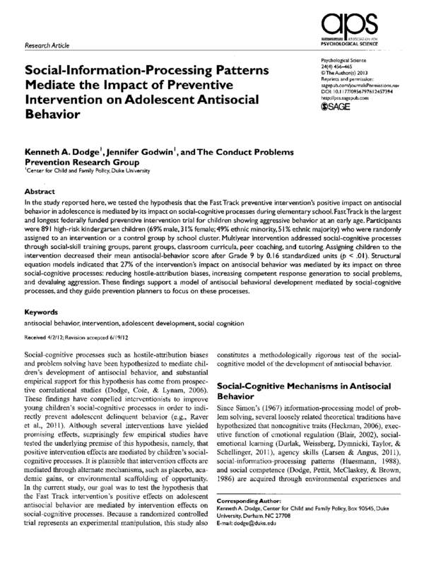 Social-Information-Processing Patterns Mediate the Impact of Preventive Intervention on Adolescent Antisocial Behavior