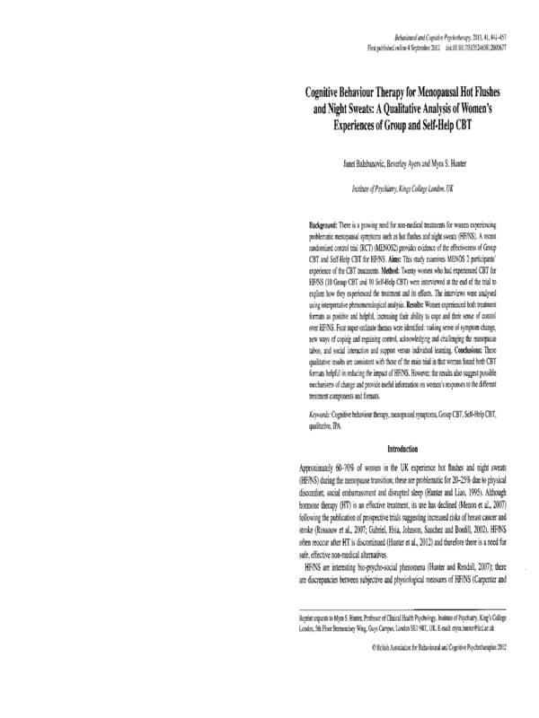 Cognitive Behaviour Therapy for Menopausal Hot Flushes and Night Sweats: A Qualitative Analysis of Women's Experiences of Group and Self-Help CBT