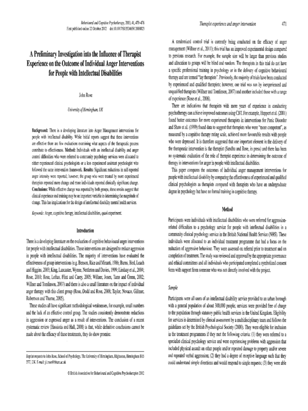 A Preliminary Investigation into the Influence of Therapist Experience on the Outcome of Individual Anger Interventions for People with Intellectual Disabilities