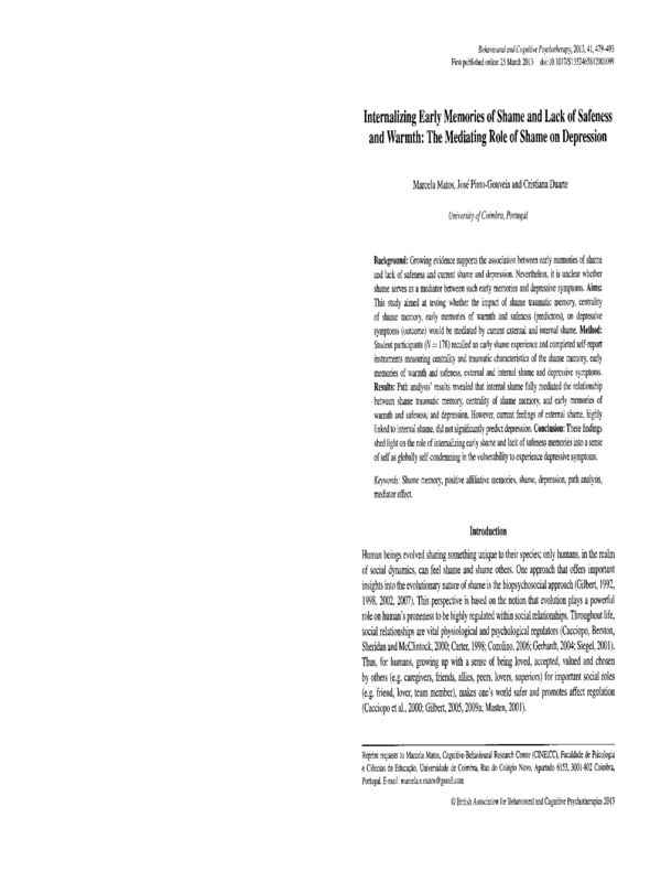 Internalizing Early Memories of Shame and Lack of Safeness and Warmth: The Mediating Role of Shame on Depression