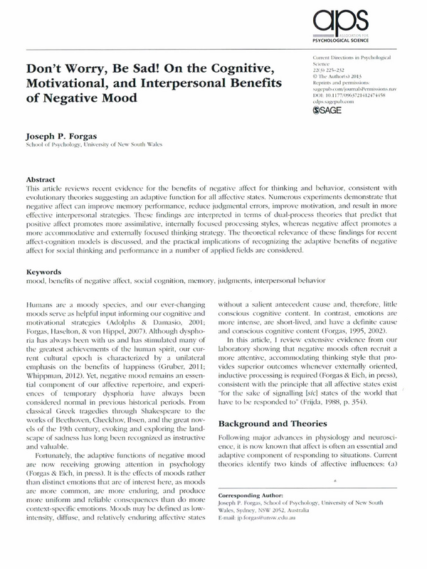 Don't Worry, Be Sad! On the Cognitive, Motivational, and Interpersonal Benefits of Negative Mood