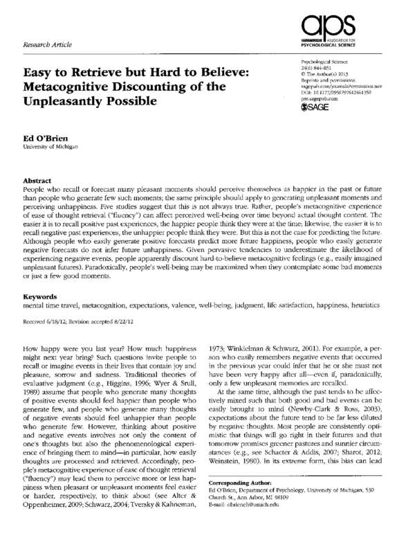 Easy to Retrieve but Hard to Believe: Metacognitive Discounting of the Unpleasantly Possible