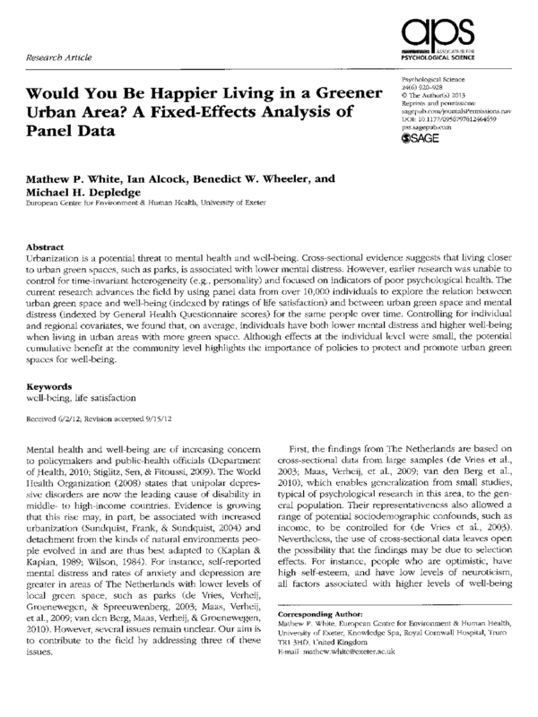 Would You Be Happier Living in a Greener Urban Area? A Fixed-Effects Analysis of Panel Data