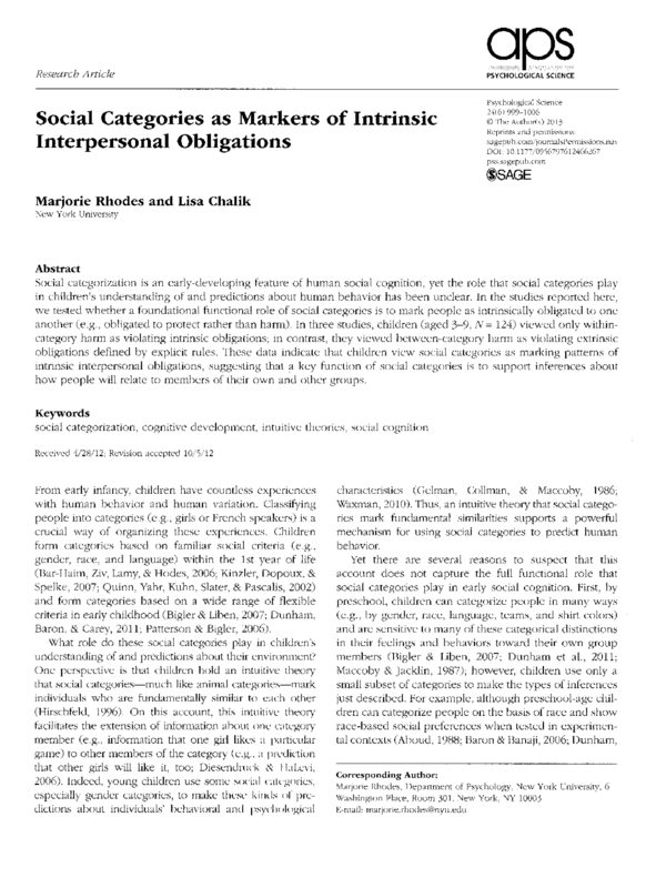 Social Categories as Markers of Intrinsic Interpersonal Obligations