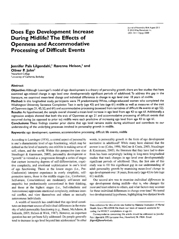 Does Ego Development Increase During Midlife? The Effects of Openness and Accommodative Processing of Difficult Events