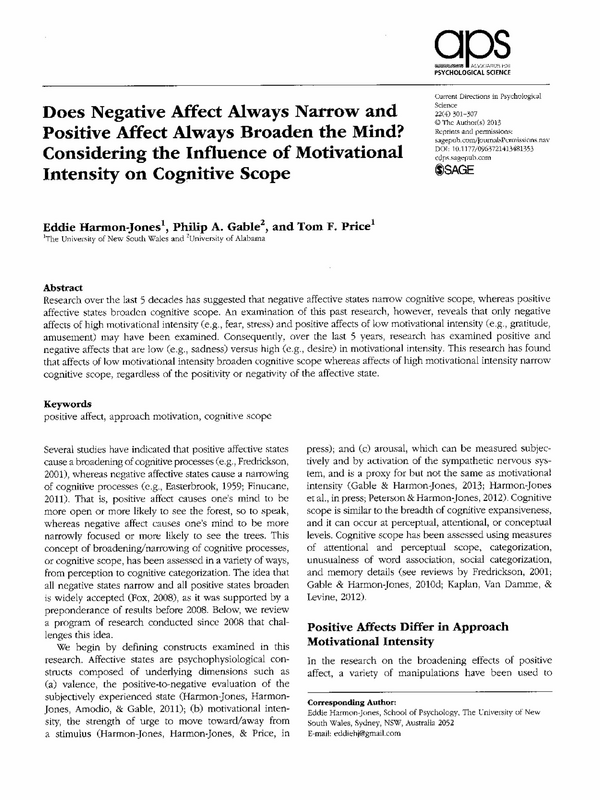 Does Negative Affect Always Narrow and Positive Affect Always Broaden the Mind? Considering the Influence of Motivational Intensity on Cognitive Scope