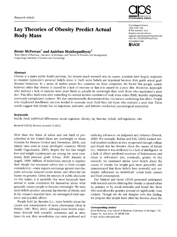 Lay Theories of Obesity Predict Actual Body Mass