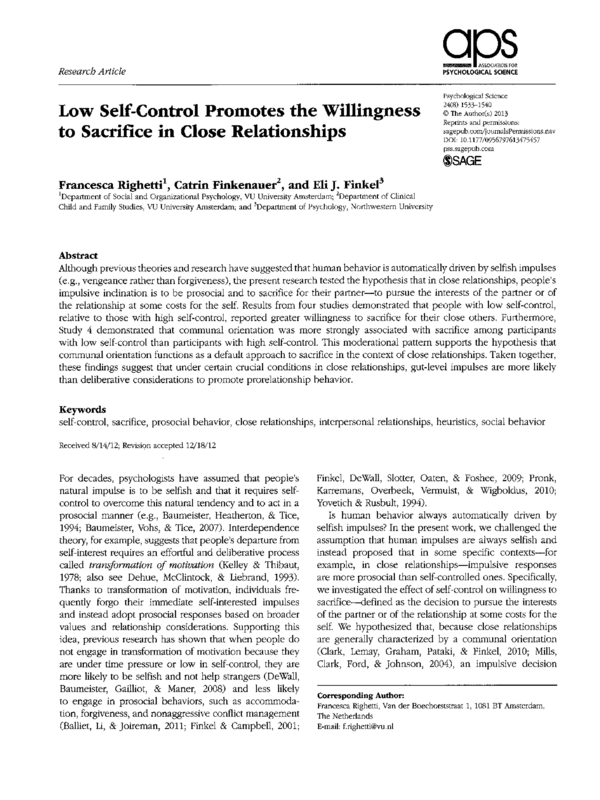 Low Self-Control Promotes the Willingness to Sacrifice in Close Relationships