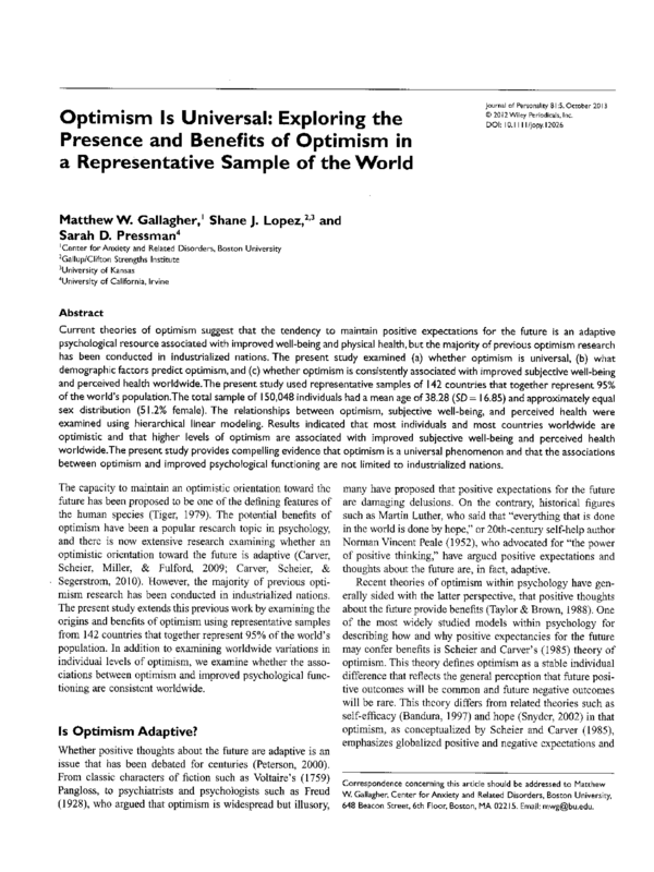 Optimism is Universal: Exploring the Presence and Benefits of Optimism in a Representative Sample of the World