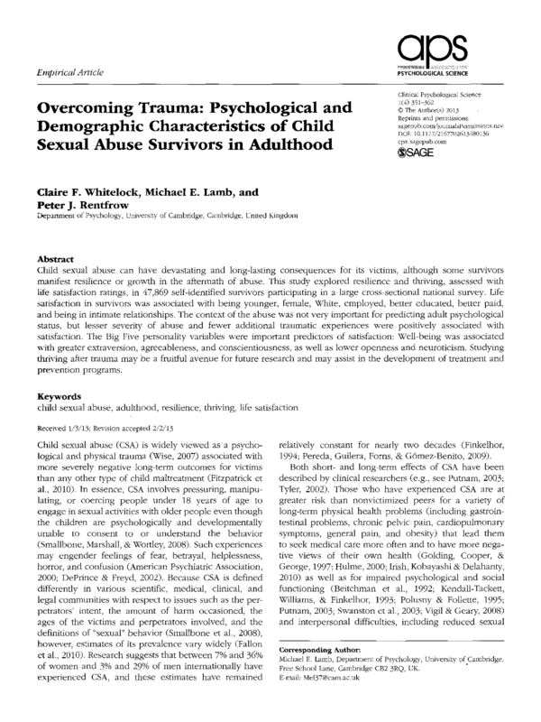 Overcoming Trauma: Psychological and Demographic Characteristics of Child Sexual Abuse Survivors in Adulthood