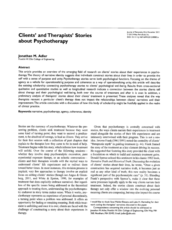 Clients' and Therapists' Stories about Psychotherapy