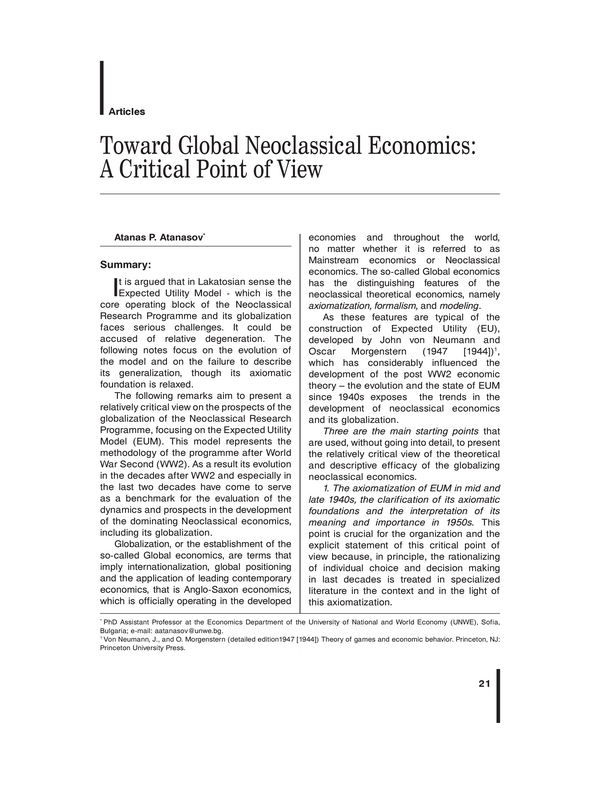 Toward Global Neoclassical Economics: A Critical Point of View