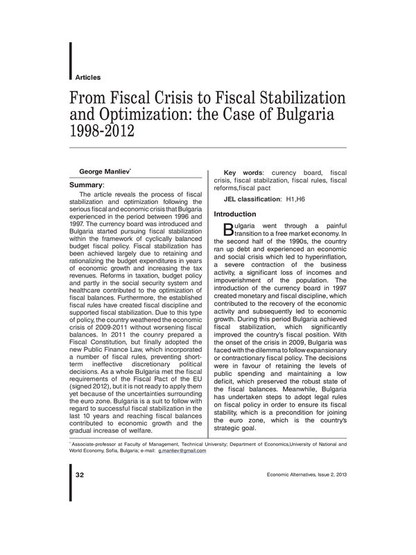 From Fiscal Crisis to Fiscal Stabilization and Optimization: the Case of Bulgaria 1998-2012