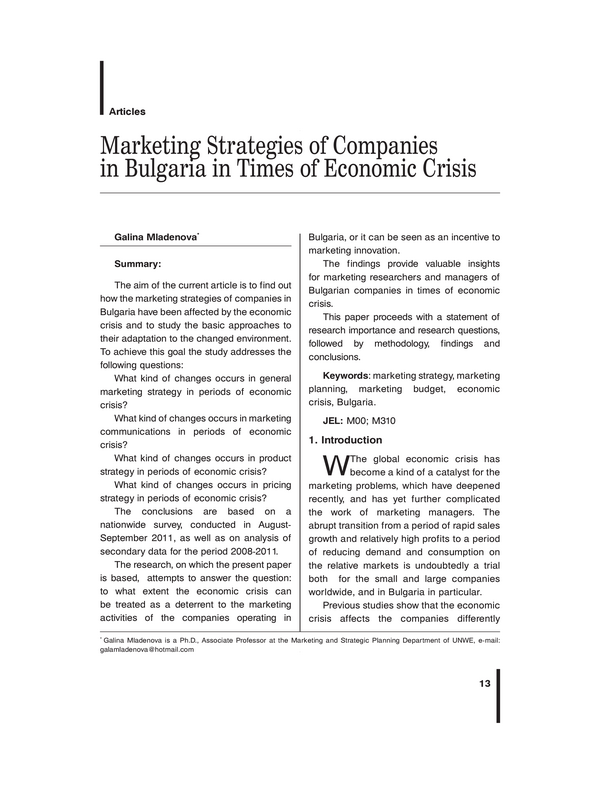 Marketing Strategies of Companies in Bulgaria in Times of Economic Crisis