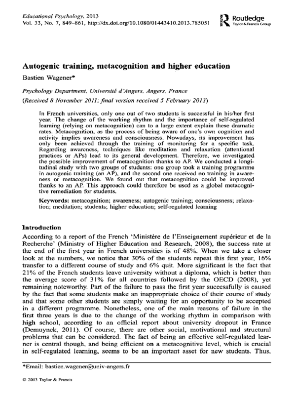 Autogenic training, metacognition and higher education