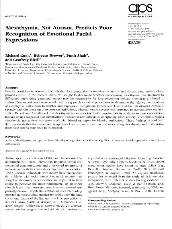 Alexithymia, not autism, predicts poor recognition of emotional facial expressions