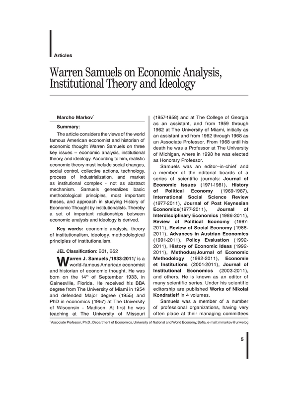 Warren Samuels on Economic Analysis, Institutional Theory and Ideology