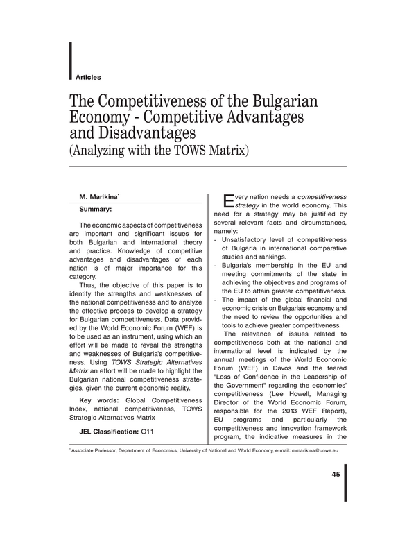 The Competitiveness of the Bulgarian Economy - Competitive Advantages and Disadvantages