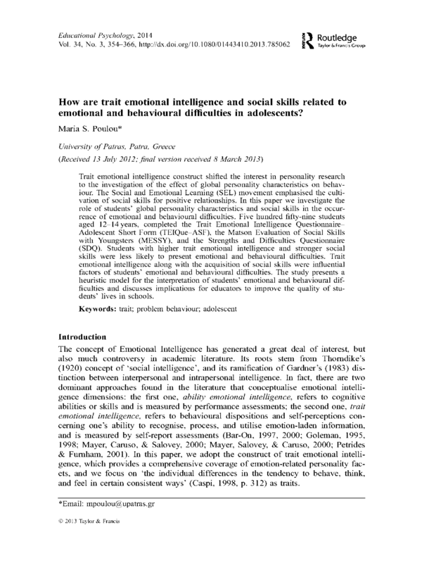 How are trait emotional intelligence and social skills related to emotional and behavioural difficulties in adolescents?