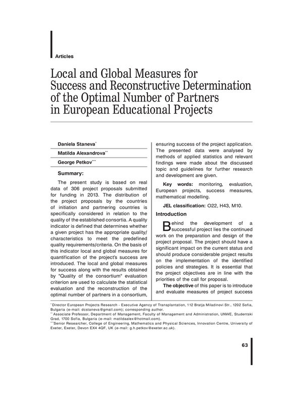 Local and Global Measures for Success and Reconstructive Determination of the Optimal Number of Partners in European Educational Projects