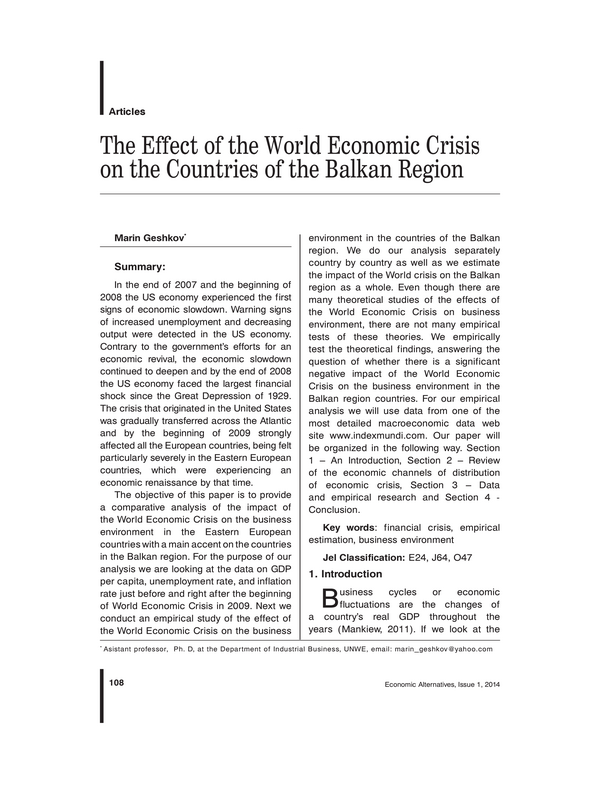 The Effect of the World Economic Crisis on the Countries of the Balkan Region