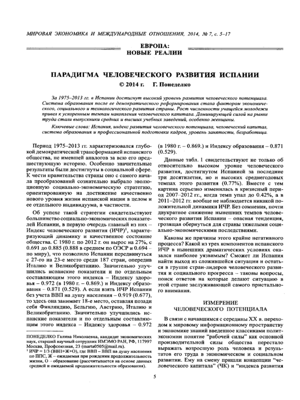 Парадигма человеческого развития Испании