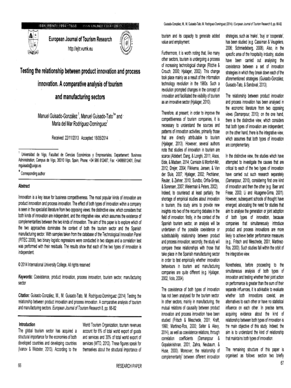 Testing the relationship between product innovation and process innovation. A comparative analysis of tourism and manufacturing sectors