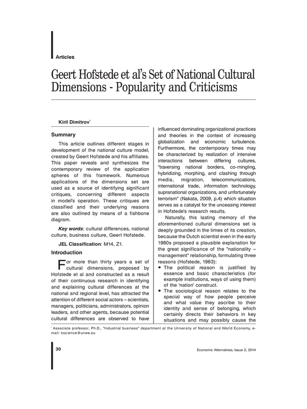 Geert Hofstede et al's Set of National Cultural Dimensions - Popularity and Criticisms