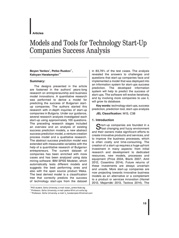 Models and Tools for Technology Start-Up Companies Success Analysis