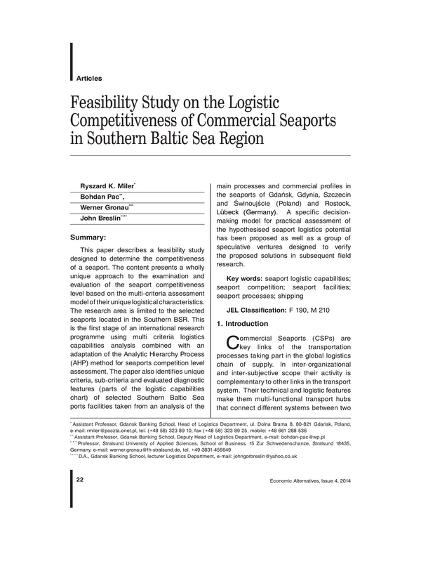 Feasibility Study on the Logistic Competitiveness of Commercial Seaports in Soutern Baltic Sea Region