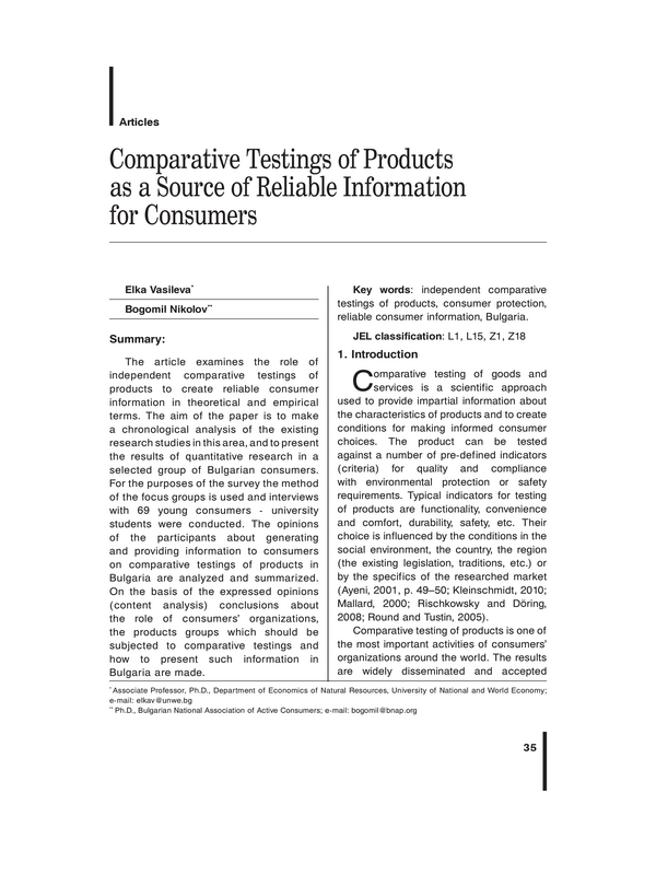 Comparative Testings of Products as a Source of Reliable Information for Consumers