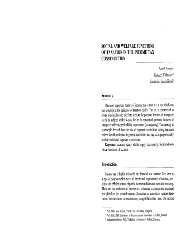 Social and Welfare Functions of Taxation in the Income Tax Construction