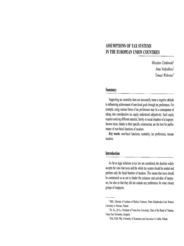 Assumptions of Tax Systems in the European Union Counties