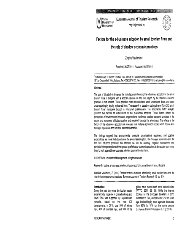 Factors for the e-business adoption by small tourism firms and the role of shadow economic practices