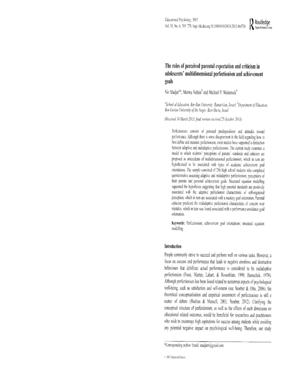 The roles of perceived parental expectation and criticism in adolescents' multidimensional perfectionism and achievement goals