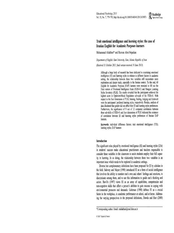 Trait emotional intelligence and learning styles: the case of Iranian English for Academic Purposes learners