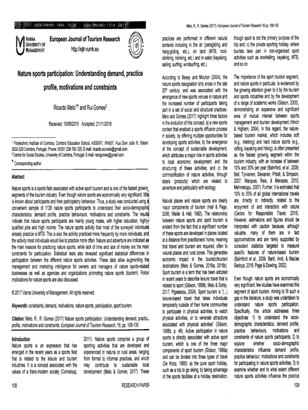 Nature sports parlticipation: Understanding demand, practice profile, motivations and constraints